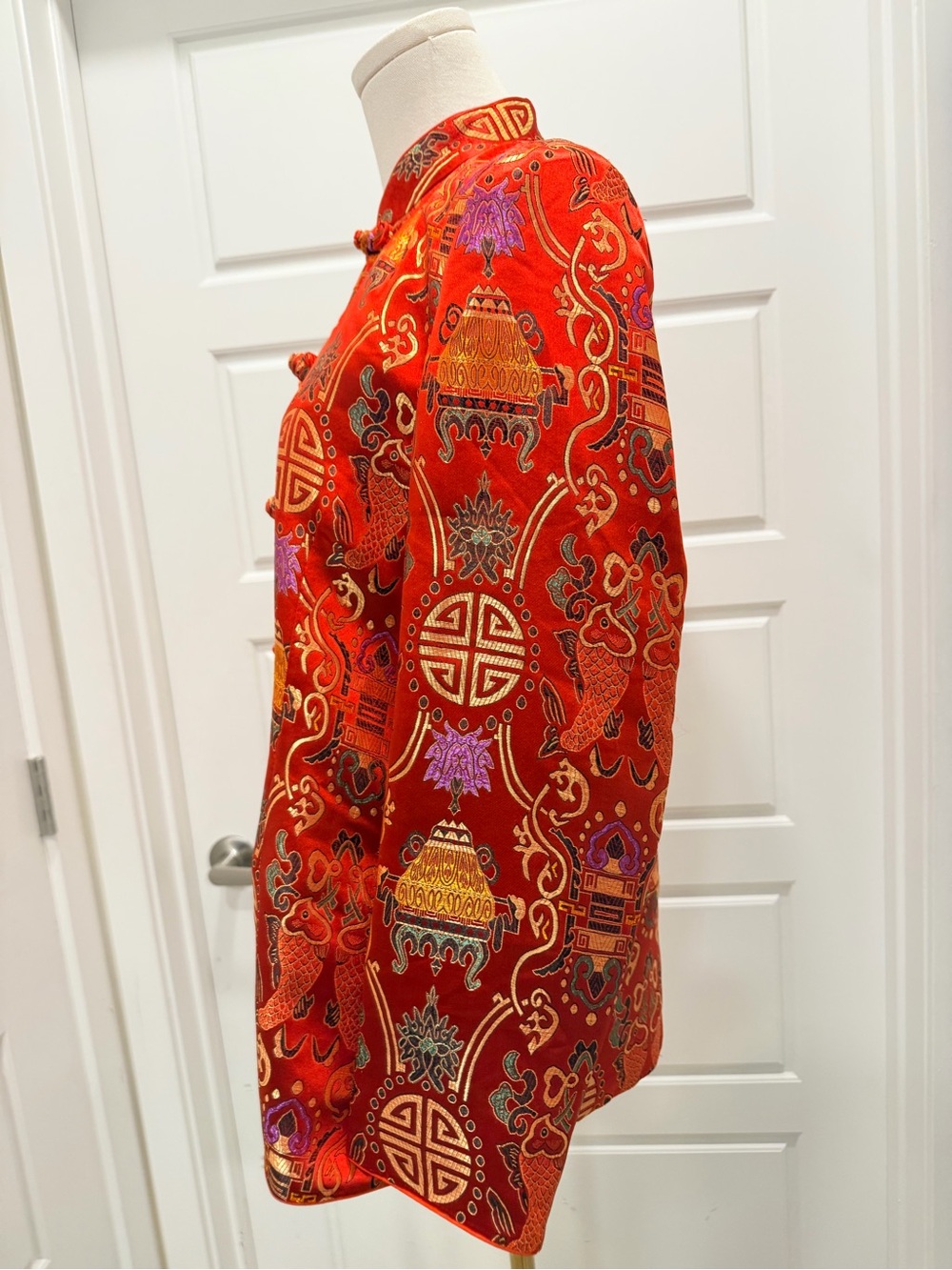 Red Brocade Mandarin Jacket with Gold Embroidery - Picture 3 of 9